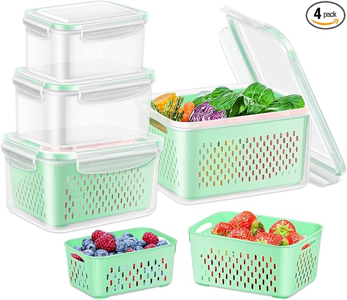 TBMax 4 Pack Fruit and Vegetable Storage Containers for Refrigerator, Produce Saver with Fridge Organizers, Plastic Freezer Containers - Green