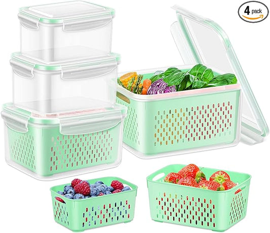 TBMax 4 Pack Fruit and Vegetable Storage Containers for Refrigerator, Produce Saver with Fridge Organizers, Plastic Freezer Containers - Green