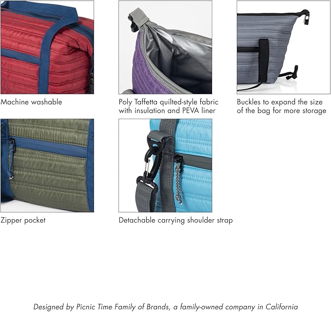 PICNIC TIME Midday Quilted Washable Insulated Lunch Bag, Soft-sided Lunch Box, Lunch Cooler Bag, (Sky Blue)