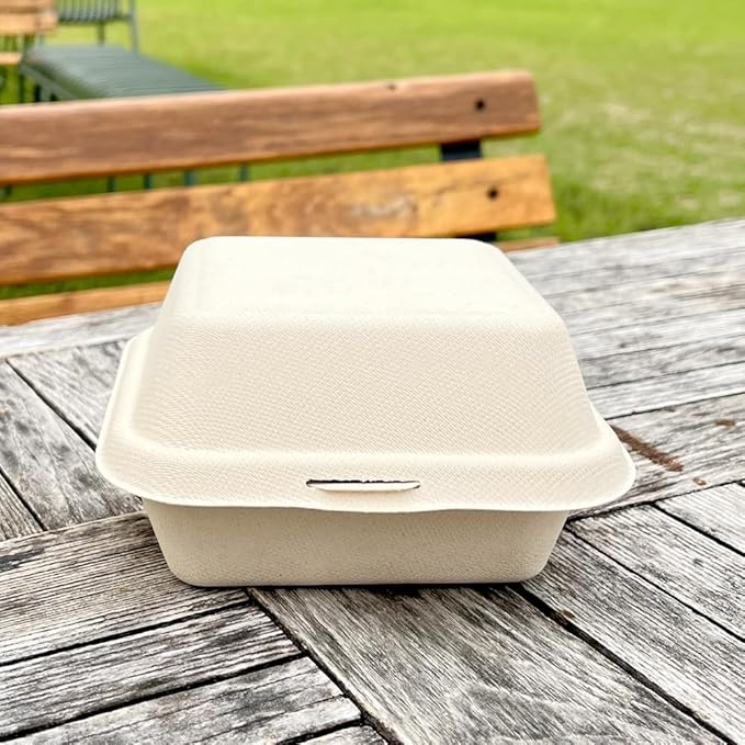 Clamshell Kraft To Go Containers - (50 Pack) 6" X 6" Food Take Out Bagasse Fiber Pulp Compostable Disposable Boxes With Lids For Burger Salad Sandwich Steak Parties