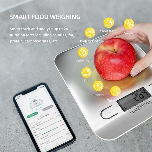 Fitdays Food Scale with Nutritional Calculator, Digital Kitchen Scale for Weight Loss, Smart Food Weight Scale with App for Calorie Cooking, Grams and Ounces, White, 11lb/5kg (KT630-WHITE)