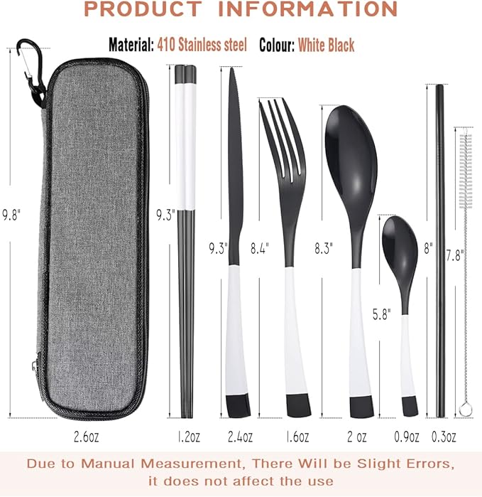AARAINBOW 7 Pieces Stainless Steel Flatware Set Portable Reusable Cutlery Set Travel Utensils Set Including Chopsticks Knife Fork Spoon Straws Cleaning Brush Dishwasher Safe (K-Black white)