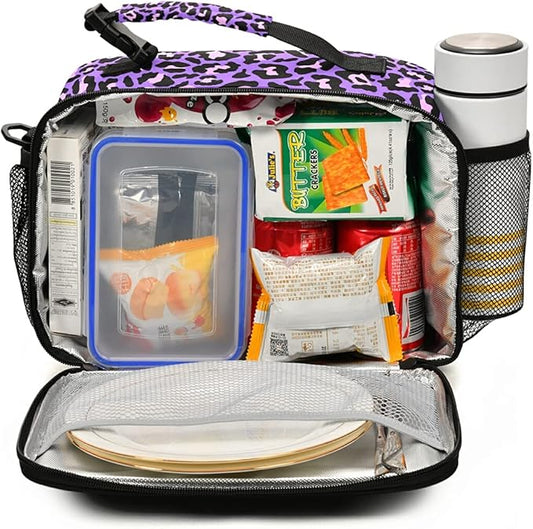 MNSRUU Student Lunch Bag Neon Purple And Pink Leopard Insulated Lunch Totes Picnic Bag Lunch Box with Adjustable Shoulder Strap for Teen Kids Adults