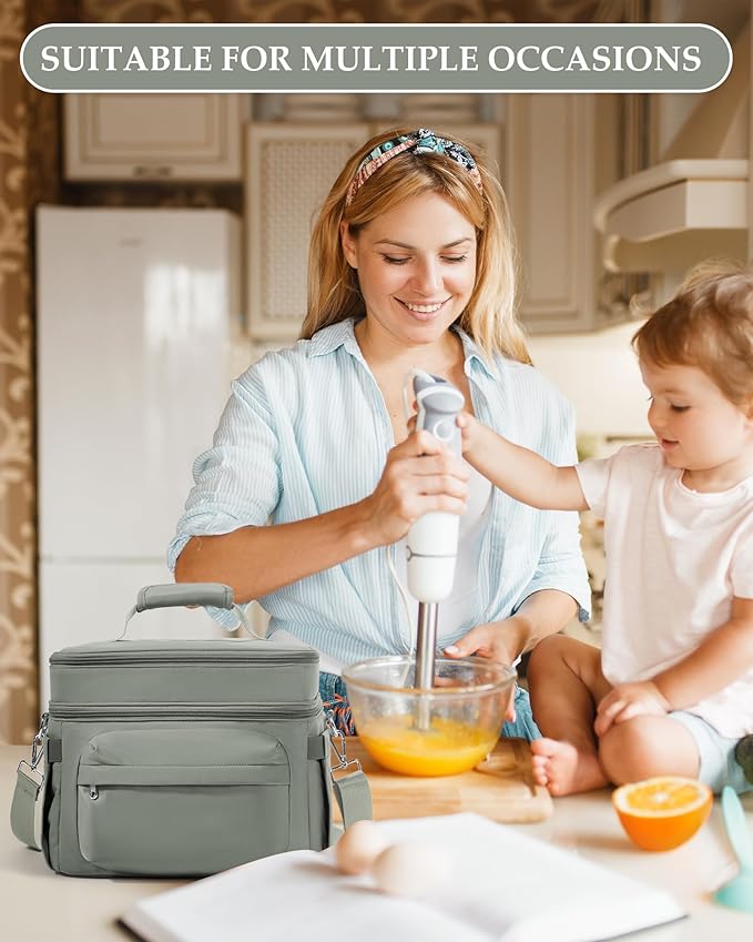 Lunch Box Women Insulated Lunch Bag Men Expandable Waterproof Leakproof Lunch Boxes Large Lunch Tote Cooler Bag for Work with Water Bottle Holder Grey Green