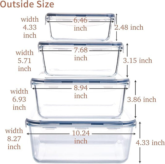 Extra Large Glass Food Storage Containers with Lids, Set-8-Piece Big Size Food Storage Box, Ideal for Storing Food, Vegetables, Fruits, Baking Cake & lot of other Tasty Food (Rectangular)