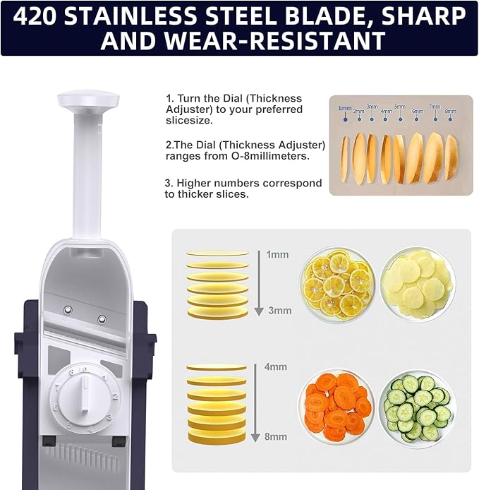 Safe Mandoline Slicer for Kitchen, Adjustable Thickness 0.1-8 mm, Professional Vegetable Slicer, Potato Slicer, Food Chopper French Fry Cutte, Mandolin, Chopping Artifact (just Slice, Deep Blue)