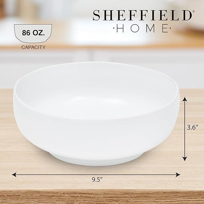 Sheffield Home Large Stoneware Serving Bowl Set - 86oz Capacity 9.5" Large Serving Bowls for Salad, Pasta, Mixing - Dishwasher and Microwave Safe Ceramic - White