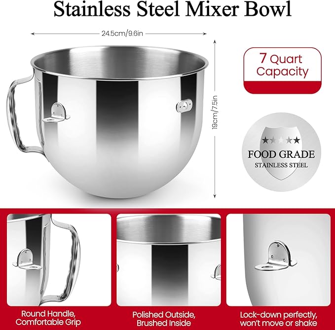 7 QT Stainless Steel Mixer Bowl for Kitchenaid Stand Mixers, 7 Quart Bowl-Lift Stand Mixer，with Lid