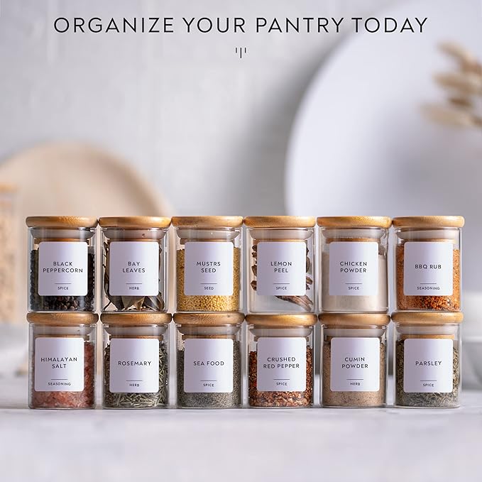 Laramaid 2.5oz 20Packs Glass Jars Set, Round Spice Jars with Bamboo Lids and Customized Labels, Food Storage Container Canisters for Home Kitchen, Spice, Herbs, Seasoning, Seed, Tea, Sugar, Salt