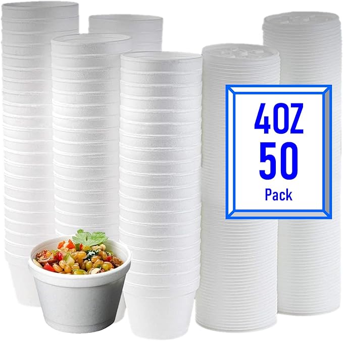 Mr Miracle Foam Bowl with Lid for Hot and Cold Foods – 4 Ounce Disposable Soup Container with Vented Lid, Great for Ice Cream, Yogurt, Soup, Takeout [50 pack]