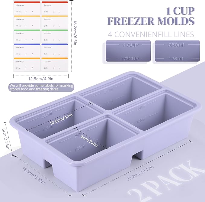 2pack Silicone Freezer Trays With Lid, 1 Cup Silicone Molds, Freezer Molds For Soup, Broth, Leftovers, Microwave-safe Container - Purple