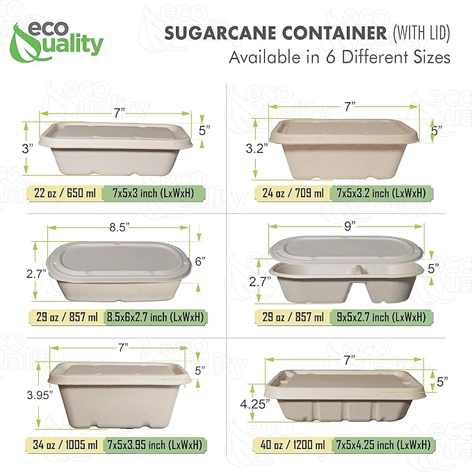 EcoQuality 24oz Disposable Bowls with Fiber Lids - Rectangular Compostable Sugarcane Fiber Biodegradable Paper Bowls Eco-Friendly Take Out Food Storage Containers, Microwave Safe, Meal Prep (500)