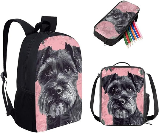Dolyues Yorkshire Terrier Girls' 3-Piece Backpack Set 17 Inch Cute School Backpack, Insulated Lunch Bag & Pencil Case for Elementary Students