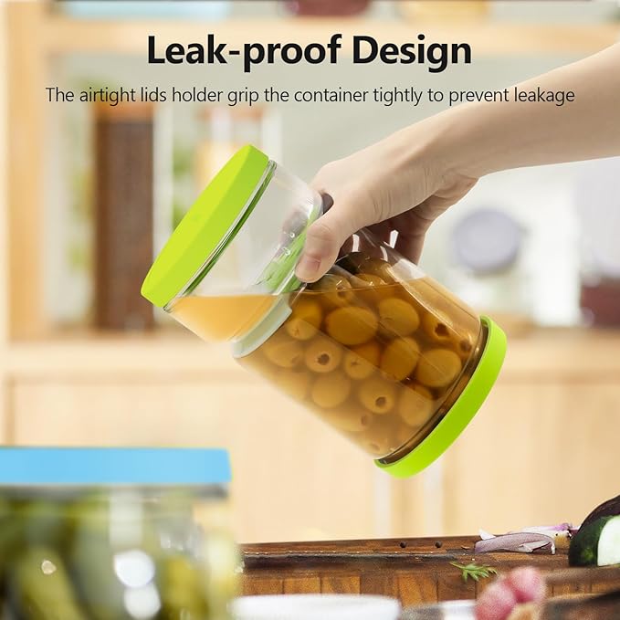 Glass Pickle Jar with Strainer for Pickle Lover - 45 Oz Leakproof and Airtight Juice Separator for Olive, Gherkin, Chilli, BPA Free, Dishwasher and Refrigerator Safe (Green&Blue, 45oz*2pcs)