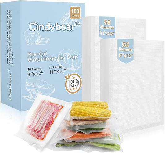 100pcs Vacuum Sealer Bags, Gallon 11"x16" and Quart 8"x12" Food Saver Bags, Pre-cut Commercial Grade Vac Bags for Food Storage, BPA Free, Heavy Duty, Meal Prep or Sous Vide Cooking
