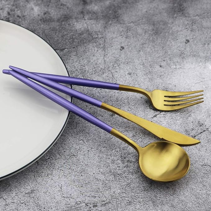 20-Piece 18/10 Stainless Steel Flatware Silverware, Luxury Dinnerware Set Travel Cutlery Tableware Include Knife Fork Spoon Service for 4, Dishwasher Safe (Purple Handle Matte Gold)