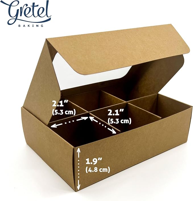 Treat boxes with window and dividers | 6 SMALL compartments | 6.5 x 4.5 x 1.9 in | Chocolate covered strawberries supplies, macaron boxes, baked goods packaging | 20-pack (Kraft)