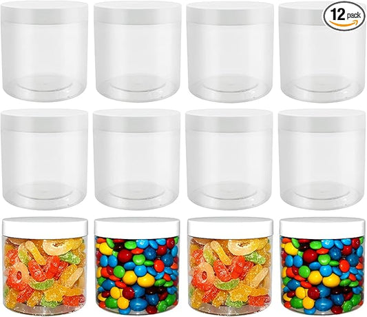 12 Pack 22 oz Plastic Jars with Lids, Empty Wide-Mouth Jars with Lids, Airtight Food containers/Large Plastic Jars for Food Storage, Kitchen, Spice, Cosmetics (Clear)