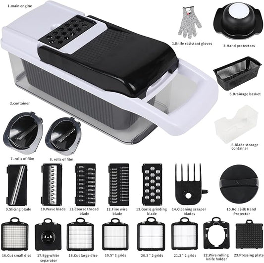 Multifunctional vegetable cutter 23 in 1 vegetable slicer, cucumber slicer, potatoes, tomatoes, zucchini, garlic, eggs, vegetable cutter with container and lid, salad cutter, dicing machine, shredder
