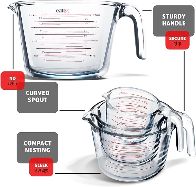 Eatex Glass Measuring Cups Set of 3 - Liquid Measuring Cups, Glass Measuring Cup Set - 1,2,4 Cup Measuring Cup - Dishwasher Oven, Microwave Safe Measure Cups