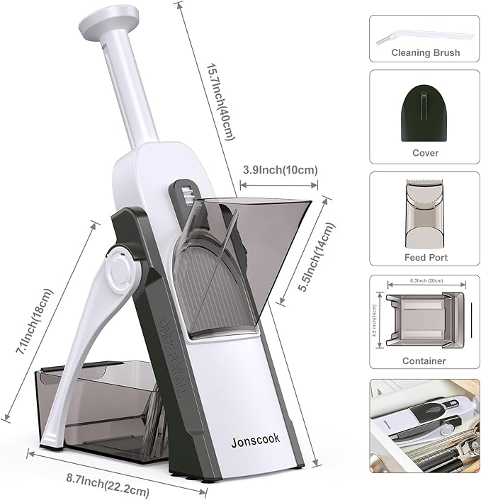 Safe Mandoline Slicer for Kitchen, Adjustable Thickness 0.1-8 mm, 5 in 1 Multi Vegetable Chopper, Potato Slicer, Food Chopper French Fry Cutte, with Paring Knife/Cleaning Brush, Mandolin (GreenBlack)