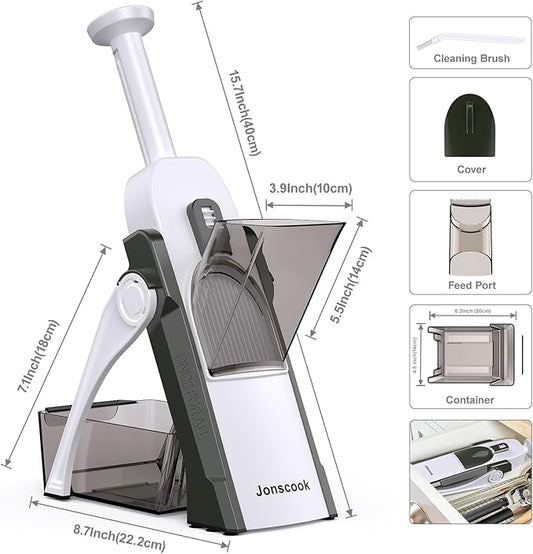 Safe Mandoline Slicer for Kitchen, Adjustable Thickness 0.1-8 mm, 5 in 1 Multi Vegetable Chopper, Potato Slicer, Food Chopper French Fry Cutte, with Paring Knife/Cleaning Brush, Mandolin (GreenBlack)