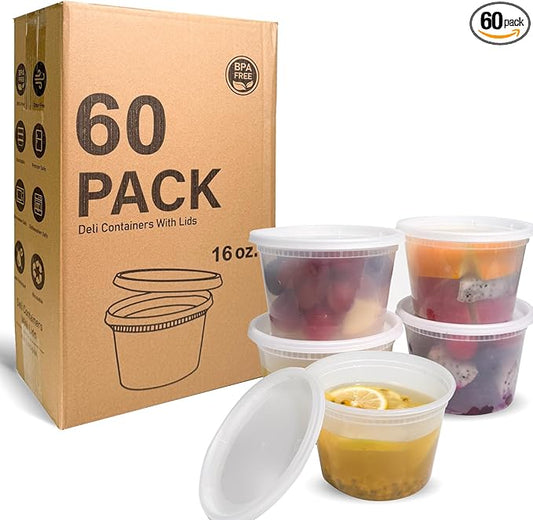 [60 sets] 16oz Plastic Soup Containers with Lids，Deli Containers with Lids，Food Storage Containers with airtight lid，Meal Prep Containers/BPA Free/Freezer Safe/Dishwasher Safe/Microwave Safe/Stackable
