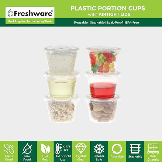 Freshware Plastic Portion Cups with Lids [1 Ounce, 100 Sets] Disposable Plastic Cups for Meal Prep, Salad Dressing, Jellos Shot Cups, Souffle Cups, Condiment and Dipping Sauce Cups