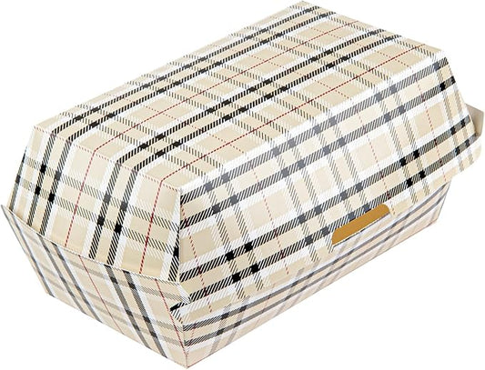 Restaurantware Bio Tek 6.7 x 3.5 x 3.5 Inch Clamshell Food Containers 100 Disposable Sandwich Containers - Hinged Lid Tab-Lock Closure Plaid Paper Hot Dog Containers Durable Greaseproof