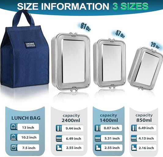 Stainless Steel Bento Box 3 Pack 304 Stainless Steel Lunch Box,Leak Proof Stainless Steel Food Containers With Lids(81oz/47oz/29oz) Stainless Steel Lunch Containers With 3 Compartments