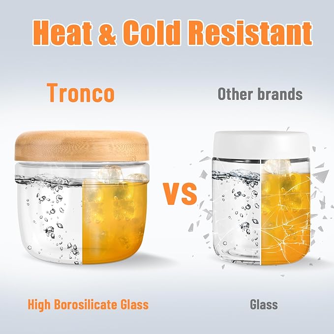 Tronco 24 oz Glass Container with Bamboo Lids, Food Storage Bowls for Soup, Stew & Overnight Oats, Meal Prep, Glass Lunch Bowl Container 100% Leak & Spill Proof, Airtight, BPA-Free- Ideal Gifts