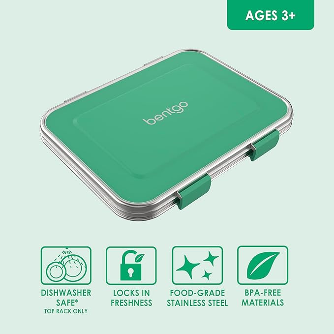 Bentgo Kids Stainless Steel Leak-Resistant Lunch Box - 3-Compartments with Bonus Silicone Container, Durable, Eco-Friendly, Dishwasher Safe, BPA-Free, Ideal for School, Ages 3+ (Green)