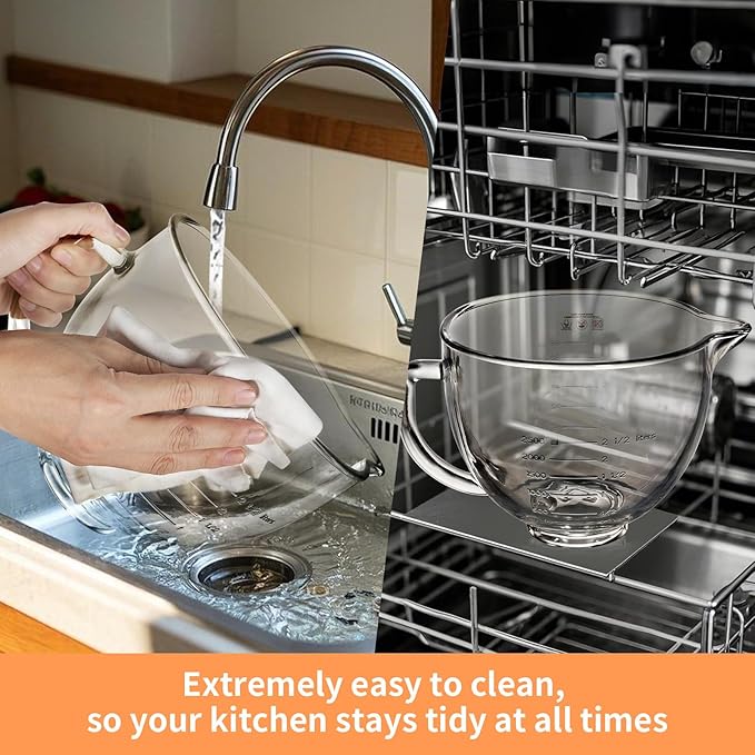 5QT Glass Bowl Compatible with KitchenAid 4.5 and 5-Quart Tilt Stand Mixers,Glass Mixing Bowl with Lid, Measurement Markers and Handle, Dishwasher Safe