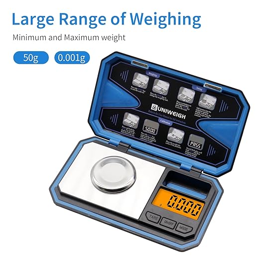 Milligram Scale,50g/0.001g Compact Pocket Precision Scale with 50g Cal Weight,Mg Scale for Power Medicine,Reloading,Jewelry,Coin and Gem,Included Scoop,Power Pan,Tweezers and Battery