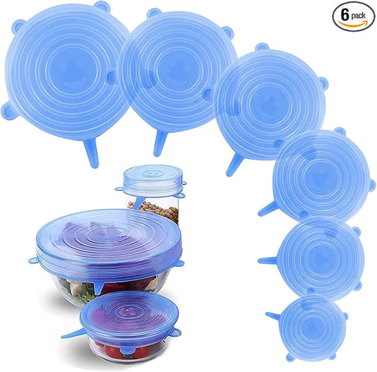 Silicone Stretch Lids – 6 Pack Reusable Food Covers,Flexible Silicone for Bowls, Containers, Fruits – Airtight & Leakproof Seal for Kitchen Storage(blue)