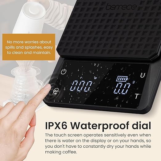 bemece 0.1g Precision Coffee Scale with Timer, Digital Espresso Scale with Back-Lit LCD Display, IPX6 Waterproof Drip Espresso Scale, 3 Units of Measurement for Espresso, French Press, Kitchen Use