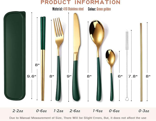 AARAINBOW 7 Pieces Stainless Steel Flatware Set Portable Reusable Cutlery Set Travel Utensils Set Including Chopsticks Knife Fork Spoon Straws Cleaning Brush Dishwasher Safe (7 Green Golden)