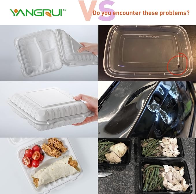 YANGRUI Clamshell Food Containers, 65 Pack 7.8 Inch BPA Free Reusable To Go Container 30 oz Shrink Wrap 3 Compartment Freezer and Microwave Safe MFPP Take Out Boxes