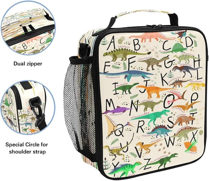 Pfrewn Dinosaur Lunch Box Alphabets With Dinosaurs Lunch Bag Insulated Reusable Cooler Meal Prep Bags Dino Animals Lunch Tote with Shoulder Strap for School Kids Boys Teens Office Adults