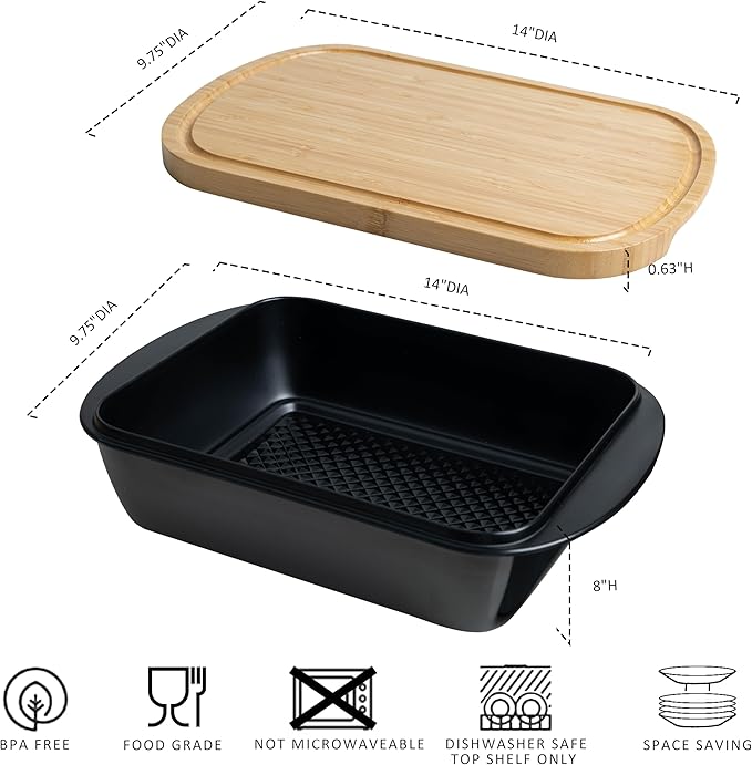 Grill Marinade Tray with Wood Lid, Grill Serving Platter Set, Barbeque Prep Platter Sets, 2 Piece Melamine Prep and Store Tray with Cutting Board for Grill, Meal Prep, Barbeque, Black