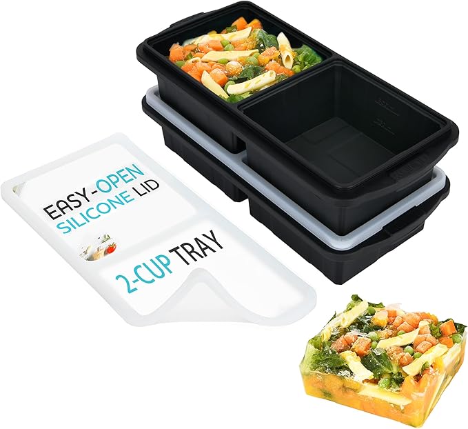 Silicone Freezer Tray With Lid-Soup Freezer Container molds-2-cup Extra Large Ice Cube Tray-makes 4 perfect 500ml portions cubes, For freezing soup,stews,sauces.Oven&Dishwasher-Safe(2-Pack)