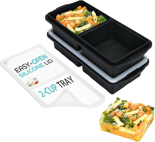 Silicone Freezer Tray With Lid-Soup Freezer Container molds-2-cup Extra Large Ice Cube Tray-makes 4 perfect 500ml portions cubes, For freezing soup,stews,sauces.Oven&Dishwasher-Safe(2-Pack)