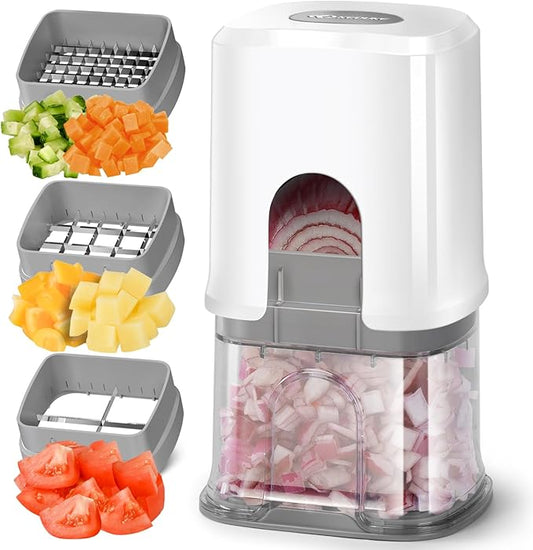 KEOUKE Vegetable Chopper 3 Interchangeable Blades Onion Chopper Multi-functional Potato French Fry Cutter Manual Vegetable Cutter Dicer for Cucumber, Tomato, Carrot with Container & Storage Box, White