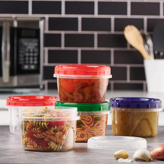 16 ounce Plastic Food Storage Containers with colored Twist Top Lids Reusable Leak Proof Deli Containers for Freezer Storage Meal Prep (12)