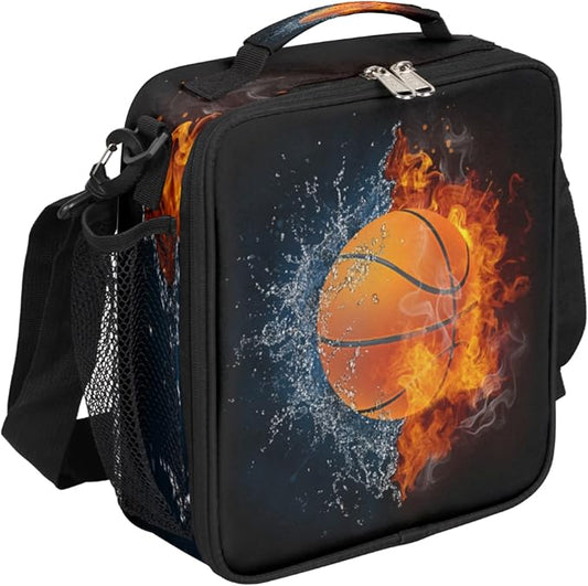 Basketball Kids Lunch Box Burning Basketball Insulated Lunch Bag Tote for Girls Boys, Cooler Freezable Meal Prep Bag with Shoulder Strap Waterproof Lunch Container for School Office Picnic
