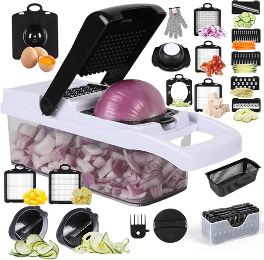 Multifunctional vegetable cutter 23 in 1 vegetable slicer, cucumber slicer, potatoes, tomatoes, zucchini, garlic, eggs, vegetable cutter with container and lid, salad cutter, dicing machine, shredder