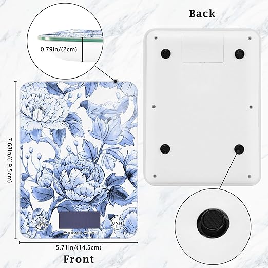 Food Scale Kitchen Digital Scale Food Ounces and Grams Dieting Baking Cooking Waterproof Glass Panels LCD Display,4 Units Scale Tare Function Blue and White