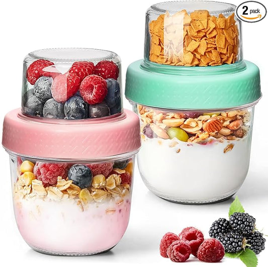 ComSaf 8oz 2 Pcs Overnight Oats Containers with Lids, Glass Yogurt Parfait Cups for Cereal Nut Fruit, Dual-Layer Chia Pudding Jars Reusable, Small Mason Jars for Salad, Meal Prep, Snack, Oatmeal