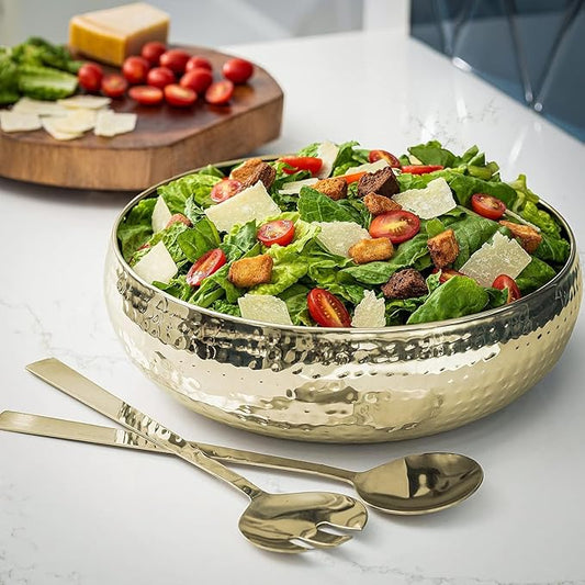 Salad Bowl and Serving Utensils - Hammered Detailing - Stainless Steel Mixing Bowls with Lids- Luxurious Serving Bowls (12" Gold Hammered Salad Bowl)