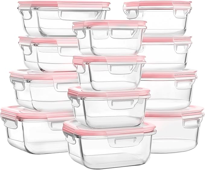Glass Food Storage Containers with Lids, [24 Piece] Glass Meal Prep Container, Airtight Bento Boxes, BPA Free & Leak Proof (12 lids & 12 Containers) - Pink